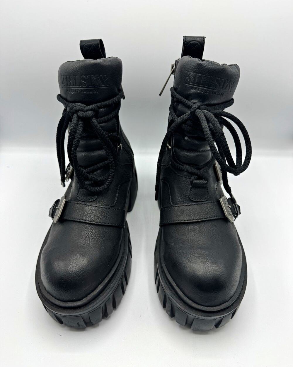 KILLSTAR Women's Black Lace-Up Combat Ankle Boots Buckle Zip Platform US 8